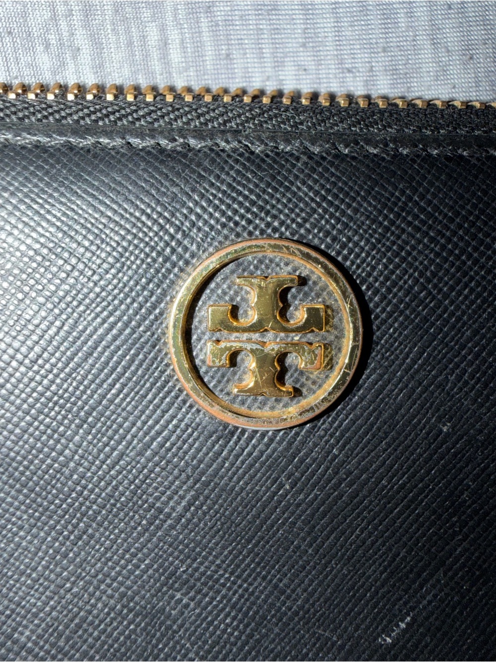Tory Burch Black Saffiano Leather Zip Pouch with Gold Logo Medallion